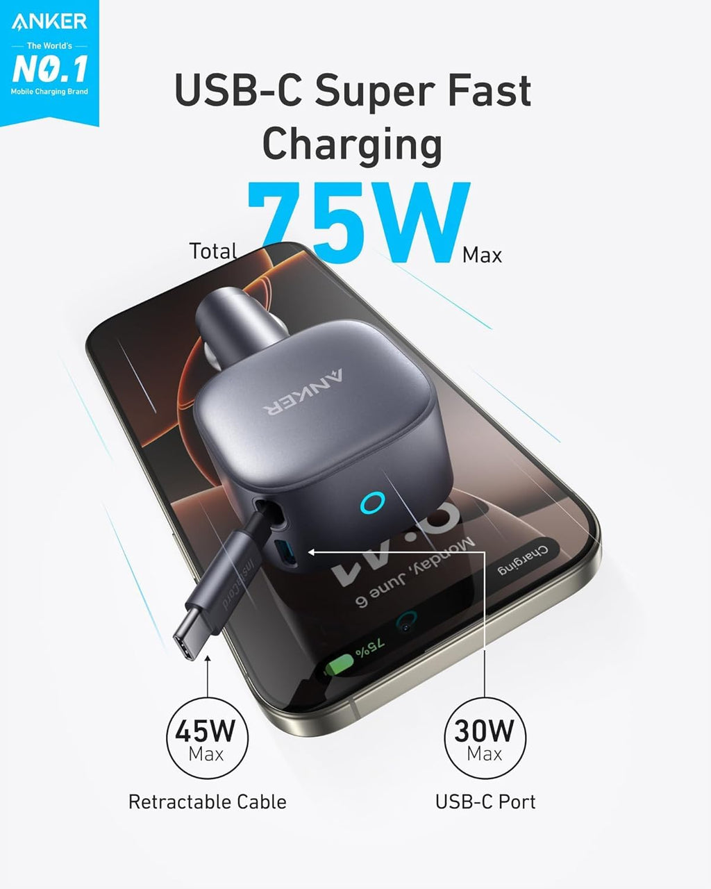 Anker Nano Car Charger (75W, USB-C Port, Built-in USB-C Cable)