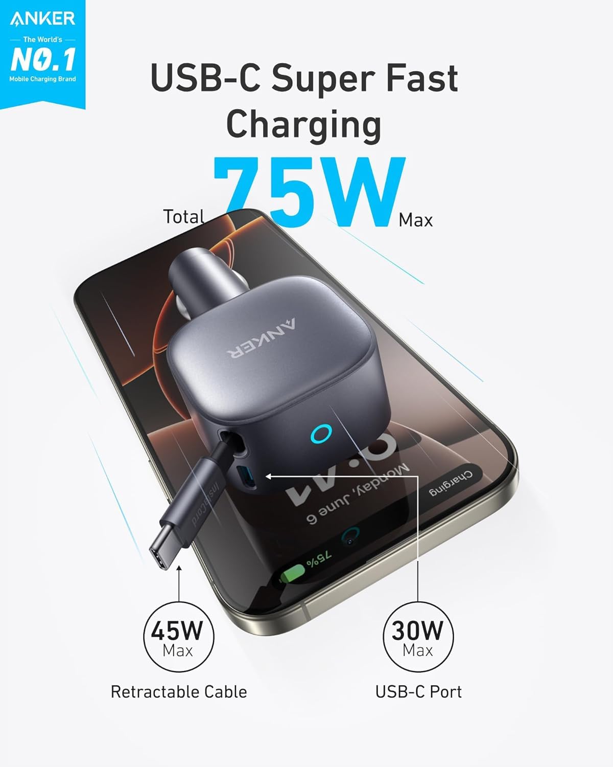Anker Nano Car Charger (75W, USB-C Port, Built-in USB-C Cable)