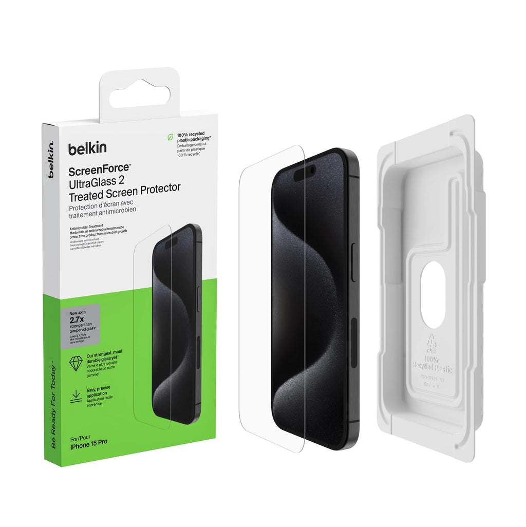 Belkin ScreenForce UltraGlass 2 Treated iPhone 15 Pro Screen Protector, Scratch-Resistant, 9H Hardness Tested Glass with Slim Design, Includes Easy Align Tray for Bubble-Free Application