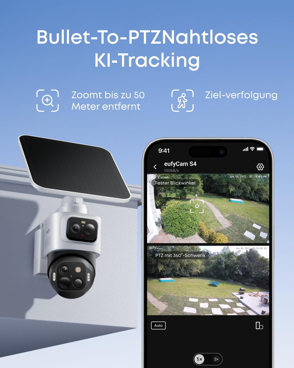 eufy Security eufyCam S4 Wireless Solar Outdoor Surveillance Camera, 3-Lens Bullet PTZ Camera, 4K UHD, 360° Multi-Camera Car Tracking, 8× Hybrid Zoom, Colour Night Vision, Compatible with HomeBase