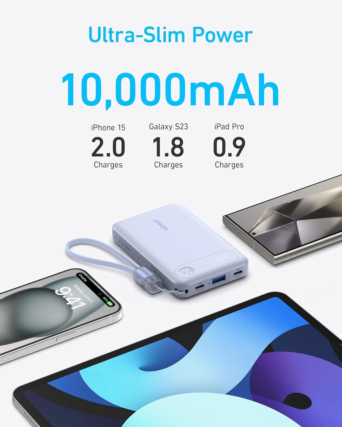Anker Power Bank Powercore 10000mAh 22.5W Portable Charger with USB C Lanyard Cable A1388