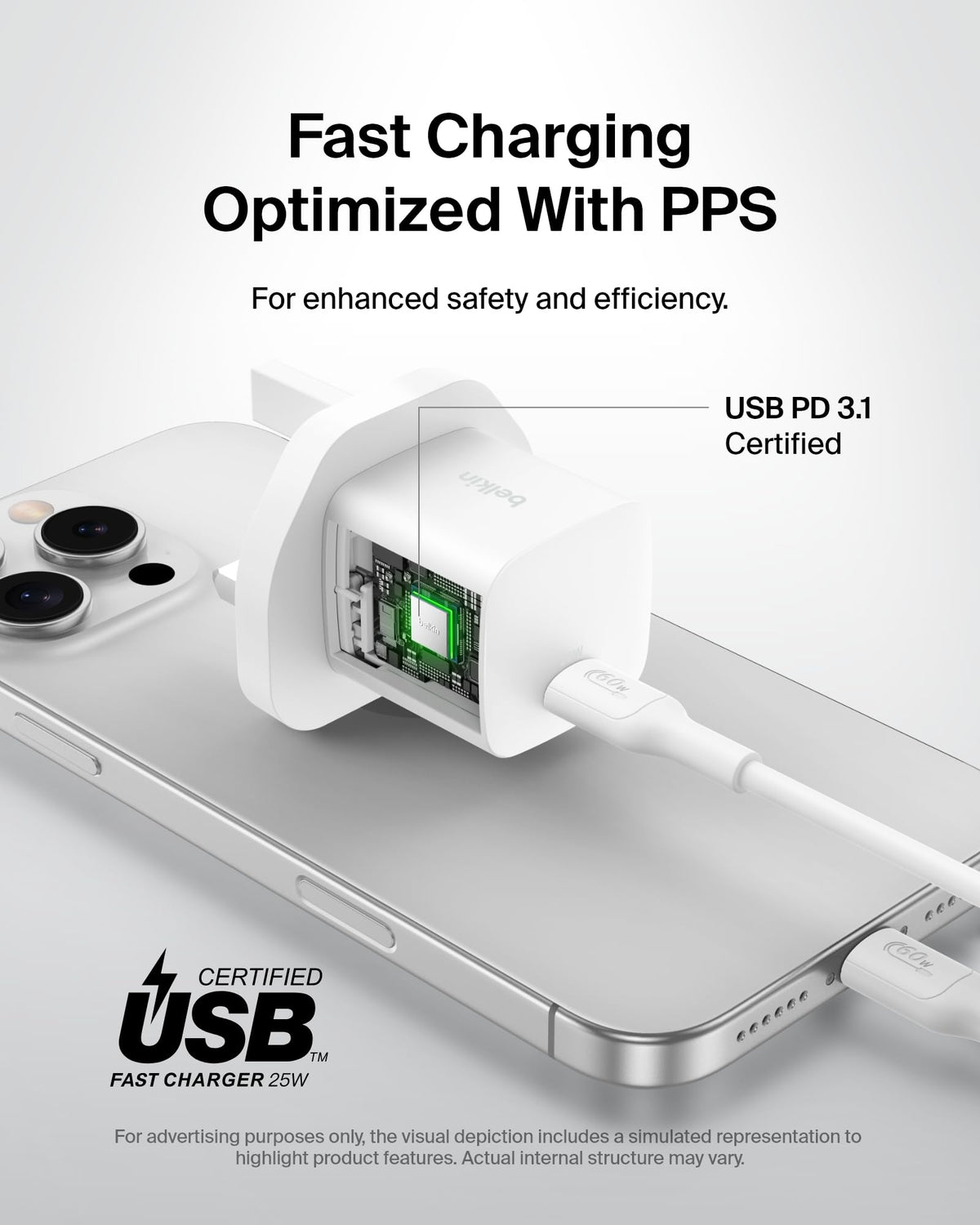 Belkin USB-C Plug 25W with 60W USB-C Cable (3.3ft, 1M) - Phone Charger PD 3.0 Fast Charging with PPS for Apple iPhone 17, Air, 16, Samsung Galaxy S25, Pixel 10, Nintendo Switch, & More - White