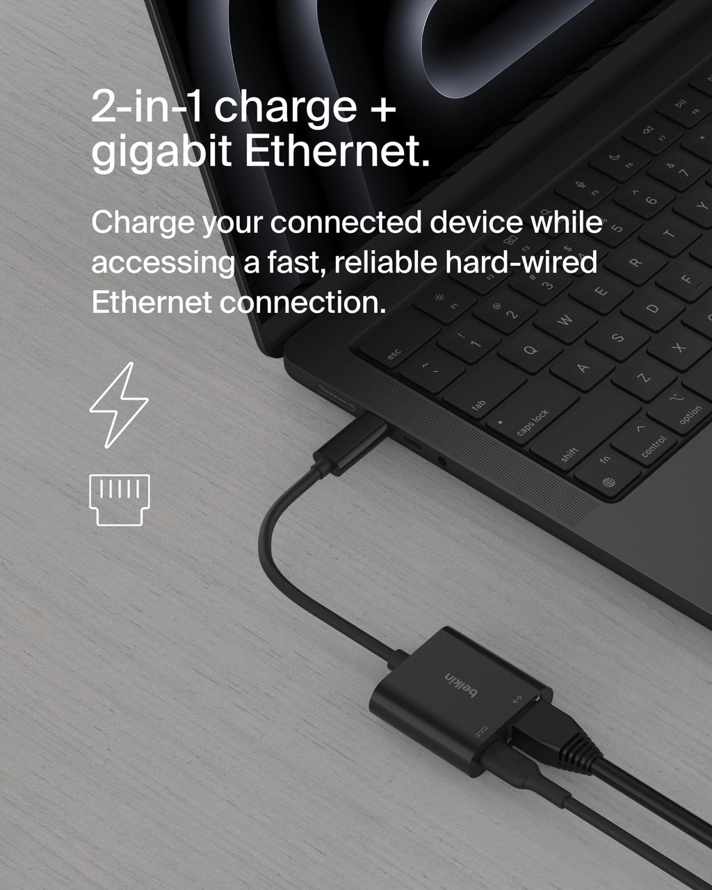 Belkin Connect USB-C to Ethernet + Charge Adapter 100W w/Gigabit Ethernet Port and USB-C Port - [10/100/1000] Mbps for Fast Internet Connection - Compatible with iPhone 16, 15, Galaxy S24 & More
