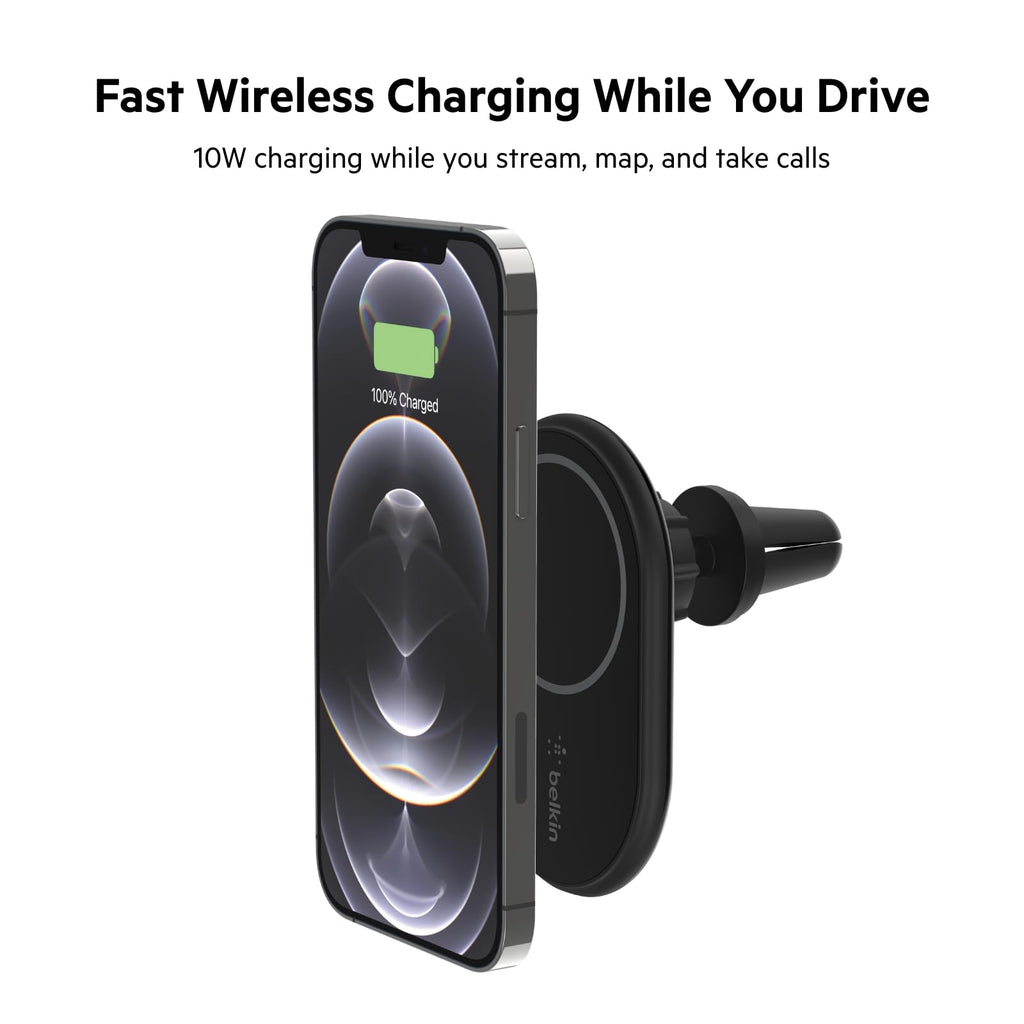 Belkin BoostCharge Magnetic Wireless Car Charger, MagSafe-compatible magnetic car vent phone mount for iPhone 17, Air, 16, 15, 14, 13, 12, Pixelsnap and More (Cable Included) 