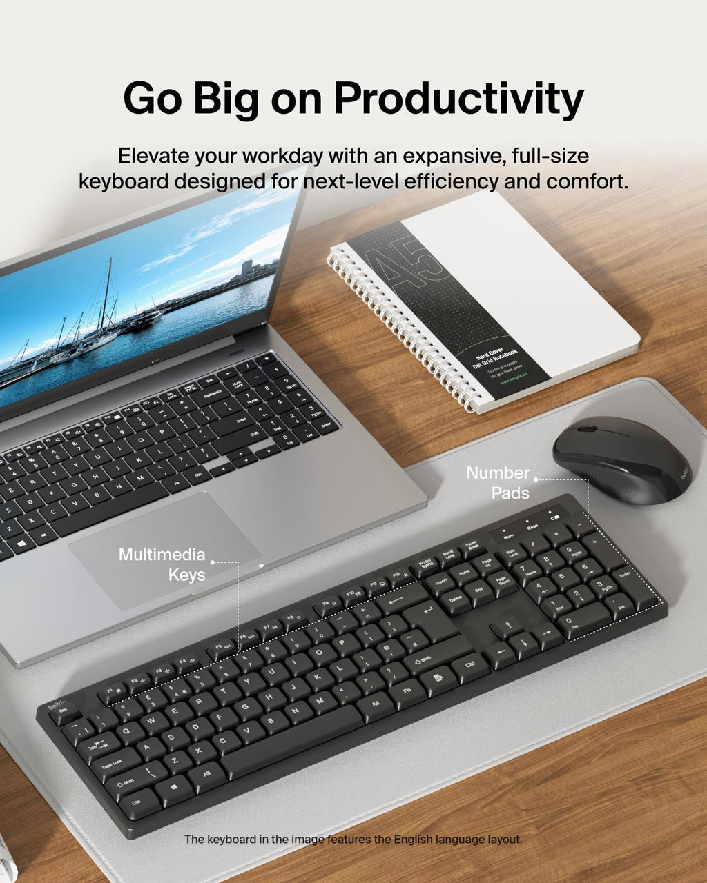 Belkin Wireless Keyboard and Mouse with USB-A Receiver - Keyboard Set with Wireless Mouse, Ergonomic Design for Home, Office, Desk, Compatible with Laptop, PC, Windows - Batteries Included