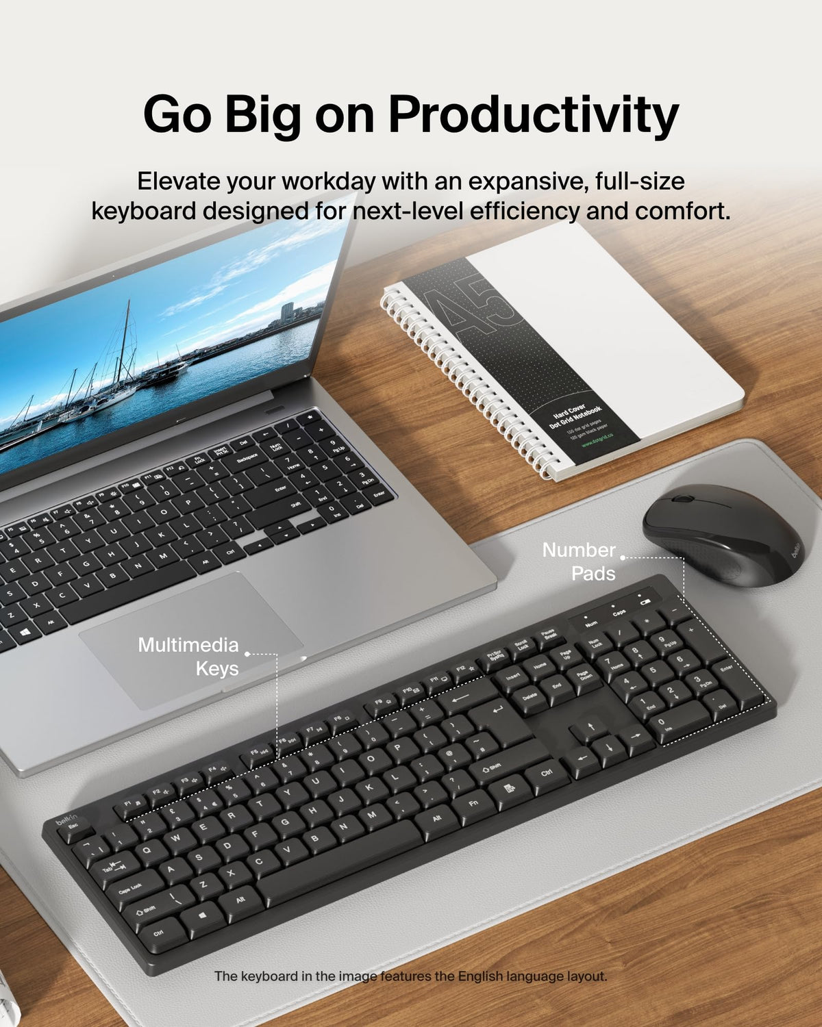 Belkin Wireless Keyboard and Mouse with USB-A Receiver - Keyboard Set with Wireless Mouse, Ergonomic Design for Home, Office, Desk, Compatible with Laptop, PC, Windows - Batteries Included