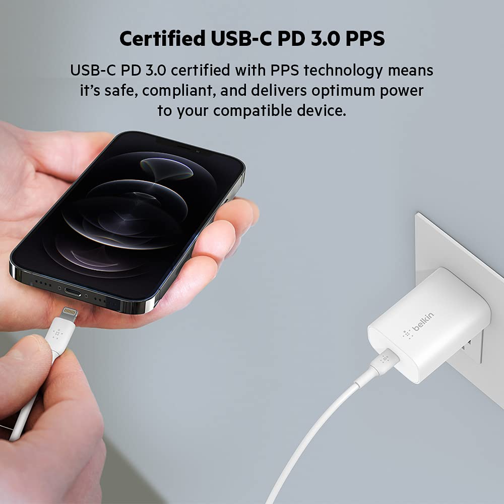 Belkin BoostCharge 25W Wall Charger with PPS, USB Plug with USB-C Power Delivery, Fast Travel USB Charger for iPhone 17, Air, Samsung Galaxy S25, iPad, Pixel, tablets and more - White
