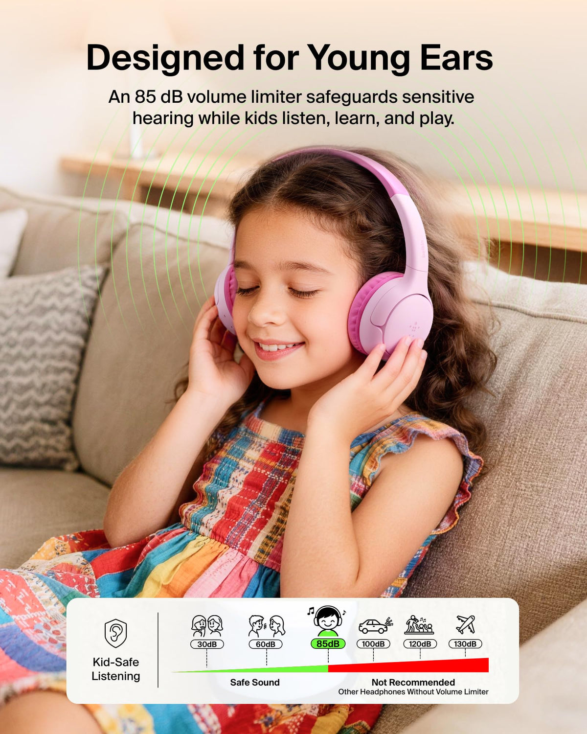 Belkin SoundForm Mini 2 Wireless Headphones for Kids, On-Ear Bluetooth Headphones, 55H Playtime, 85dB Safe Volume Limit, Built-in Microphone, Kids Earphones with Case for iPhone/iPad/Tablet - Pink