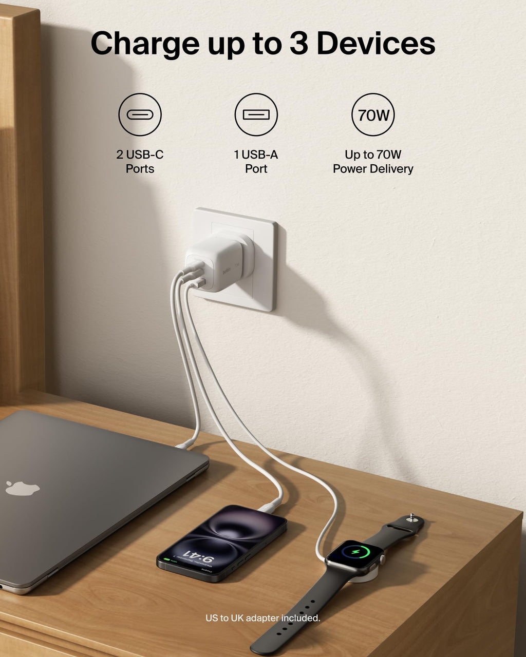 Belkin BoostCharge Pro 70W 3-Port GaN USB C Charger + Travel Adapter Kit