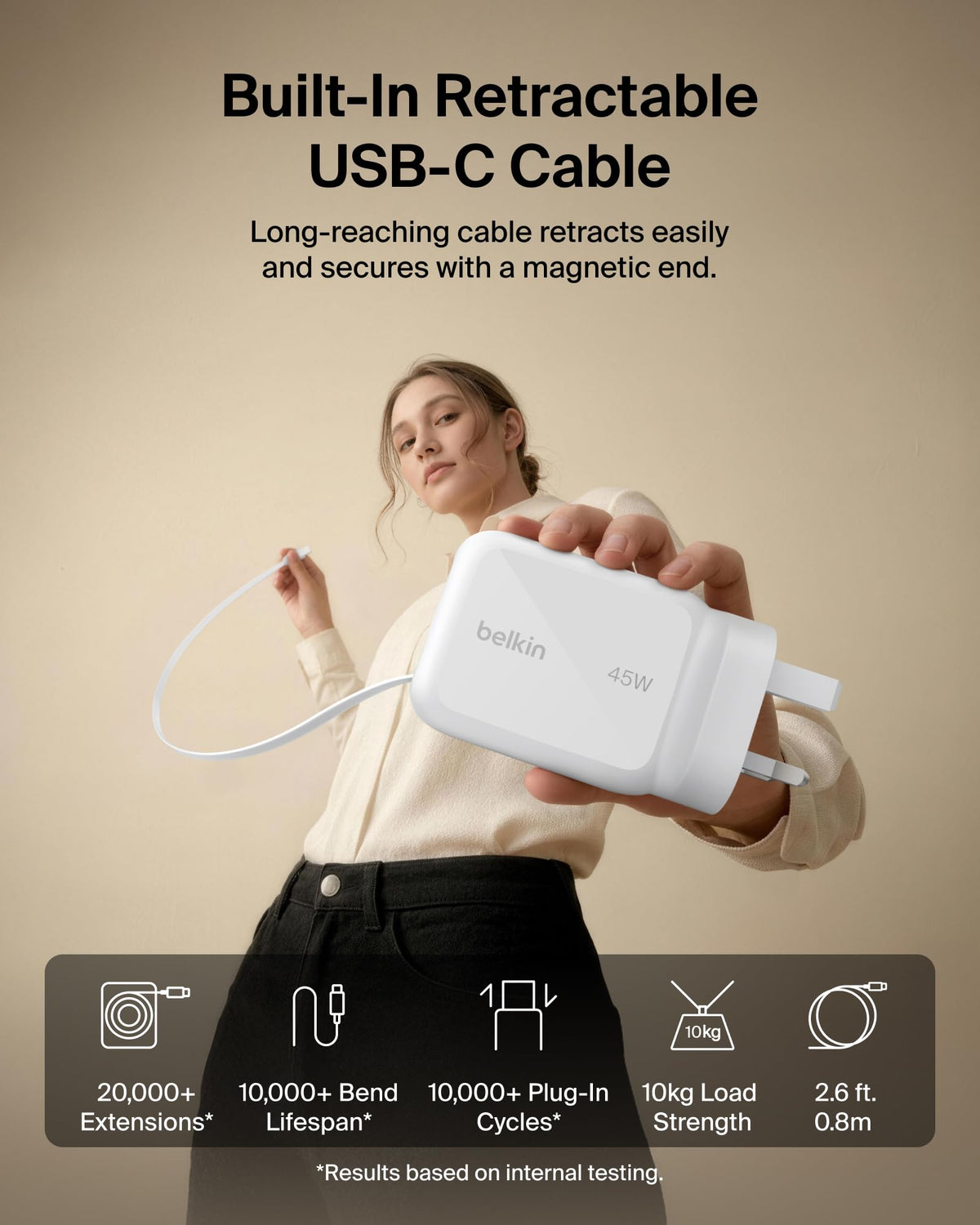 Belkin UltraCharge USB-C Plug Charger 45W with 2.3ft (80cm) Retractable USB C Cable & USB C Port, Fast Charging for iPhone 17 & 16 Series, Galaxy S26 Series, AirPods, Tablet, MacBook, Laptop