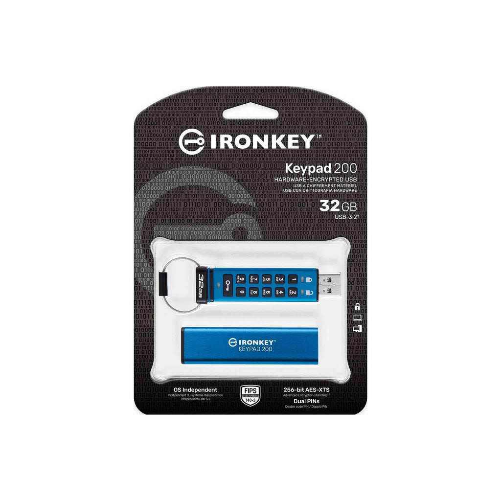 Kingston IronKey Keypad 200 Type -A hardware-encrypted USB Flash Drive FIPS 140-3 Level 3 (Pending) with XTS-AES 256-bit Hardware Encryption - IKKP200/32GB