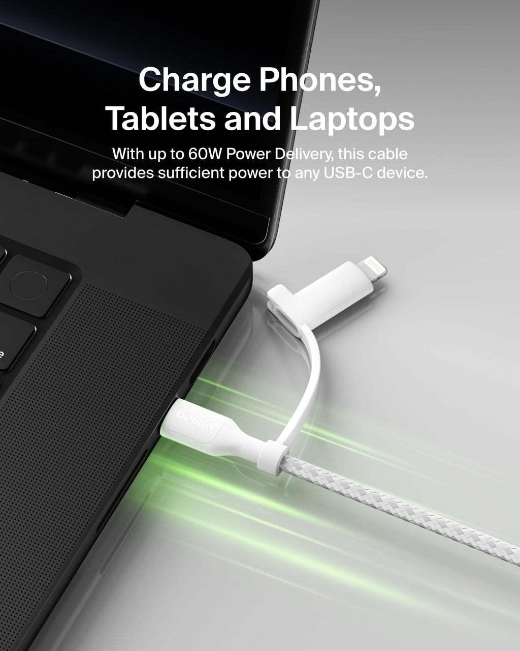 Belkin 2-in-1 Charging Cable with USB-C & Lightning Connector - Braided Fast-Charging Cable, USB-C to USB-C & Lightning Charger Cord, Multi-Charging Combo for Apple iPhone, iPad, Samsung, More - White