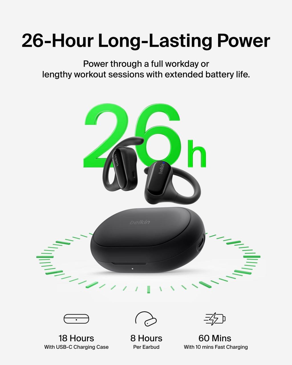 Belkin SoundForm ClearFit Open-Ear Headphones, lightweight wireless earphones with ENC, Bluetooth earbuds with ear hooks, clear calls, 26H playtime, IPX5 running and gym headphones for sports - Black